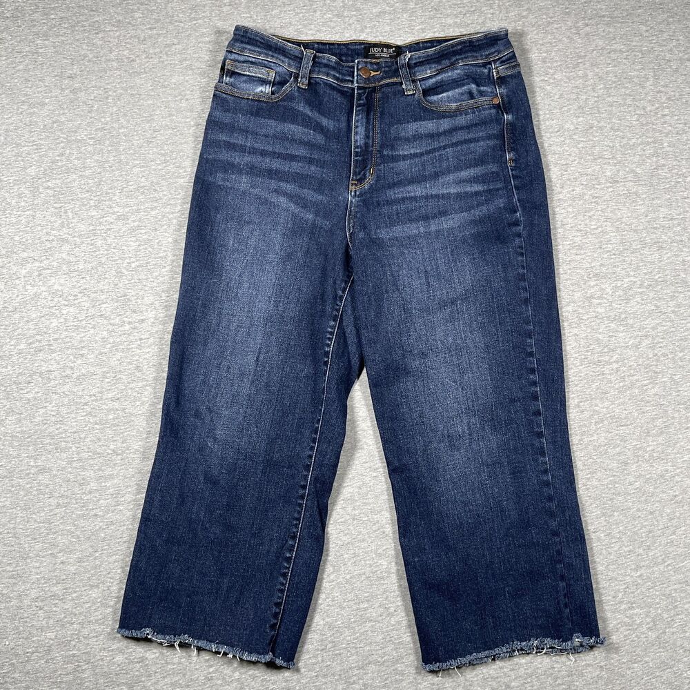 Judy Blue Wide Leg Jeans Womens 13/31 Cropped High Rise Dark Wash Stretch Denim